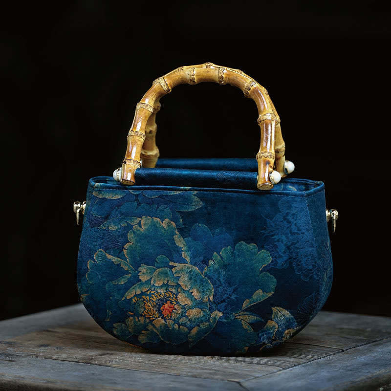 Vintage Flower Peony Metal Chain Zipper Handbag Crossbody Bag Shoulder Bag