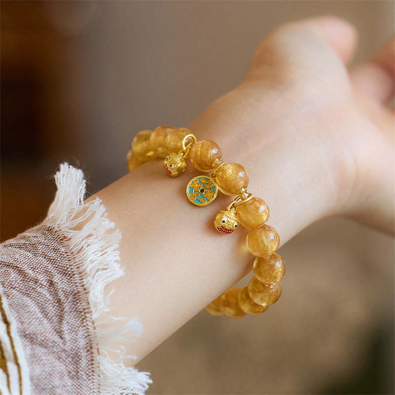 Gold Swallowing Beast Copper Coin Good Luck Charm Liuli Glass Bead Fortune Bracelet