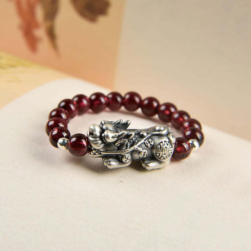 925 Sterling Silver Natural Garnet Moonstone Red Agate PiXiu Wealth Ring