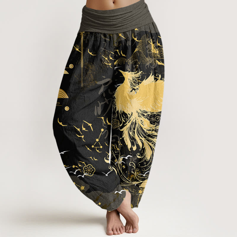 Casual Phoenix Waves Calligraphy Pattern Women's Elastic Waist Harem Pants