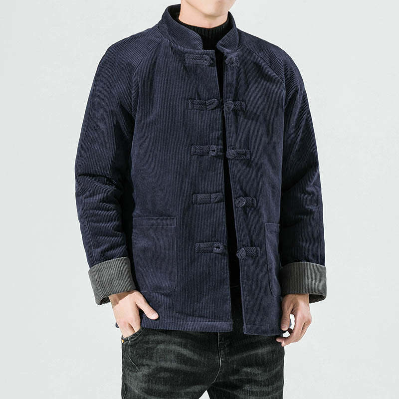 Frog-Button Chinese Tang Suit Stand Collar Long Shirt Corduroy Men Cotton Jacket Clothing