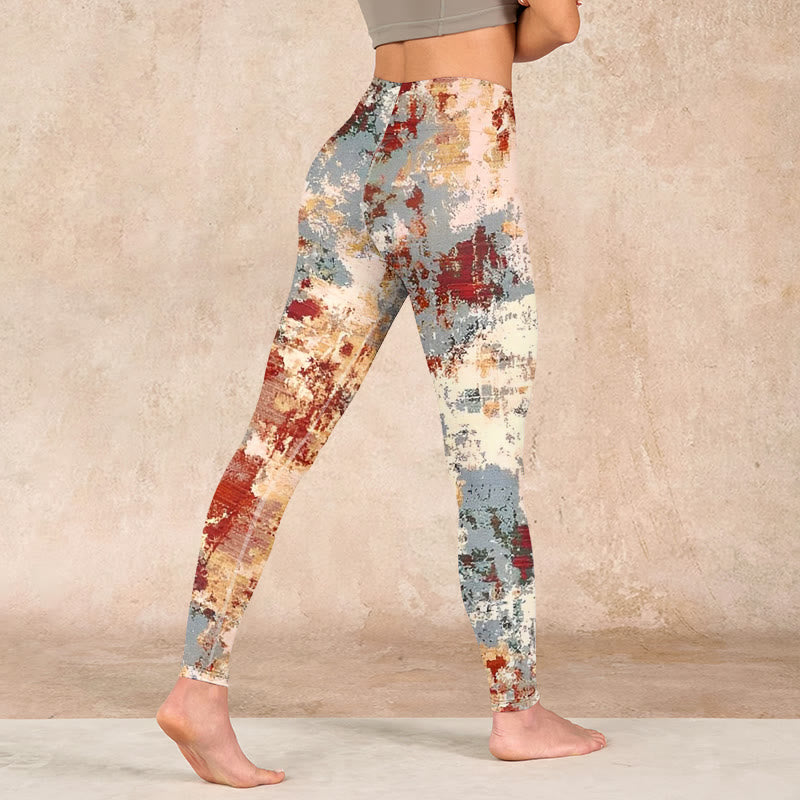 Beige Red Grey Abstract Design Print Exercise Leggings Women's Yoga Pants