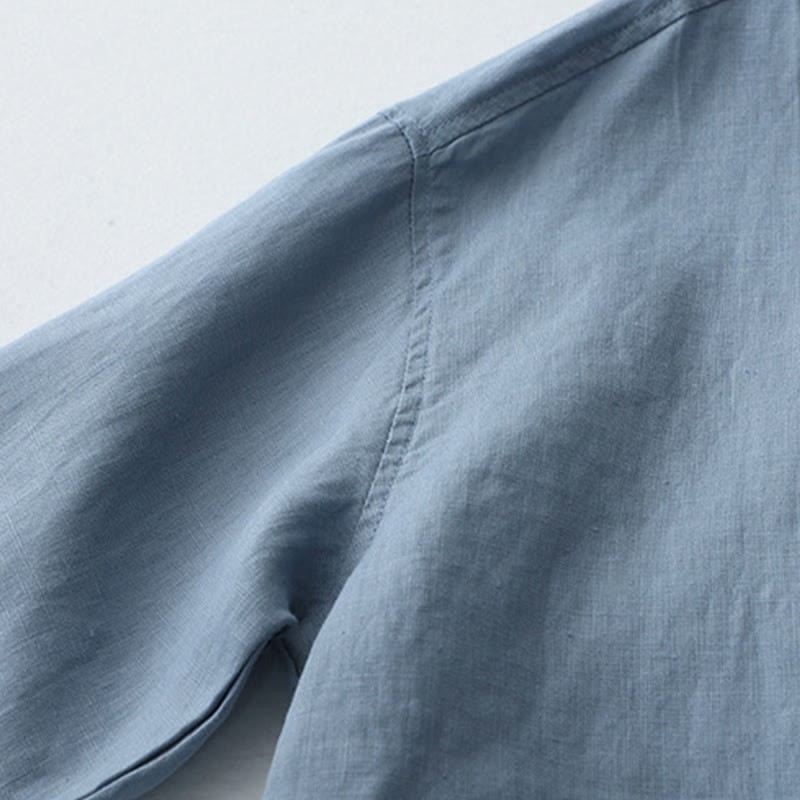 Solid Color Button Three Quarter Sleeve Cotton Linen Shirt