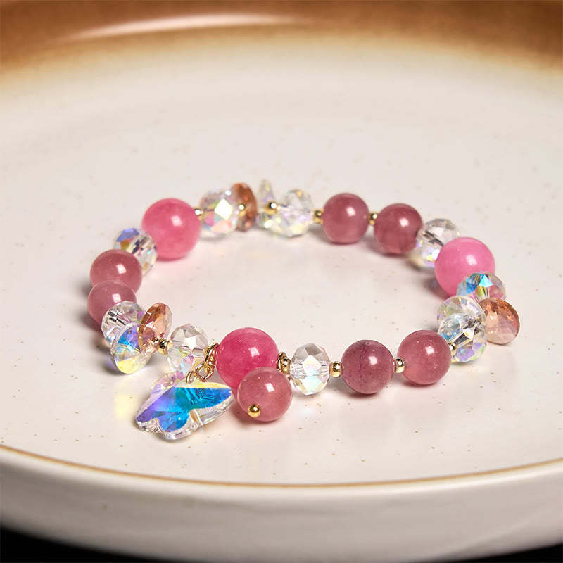 Strawberry Quartz White Crystal Pink Crystal Butterfly Love Bracelet