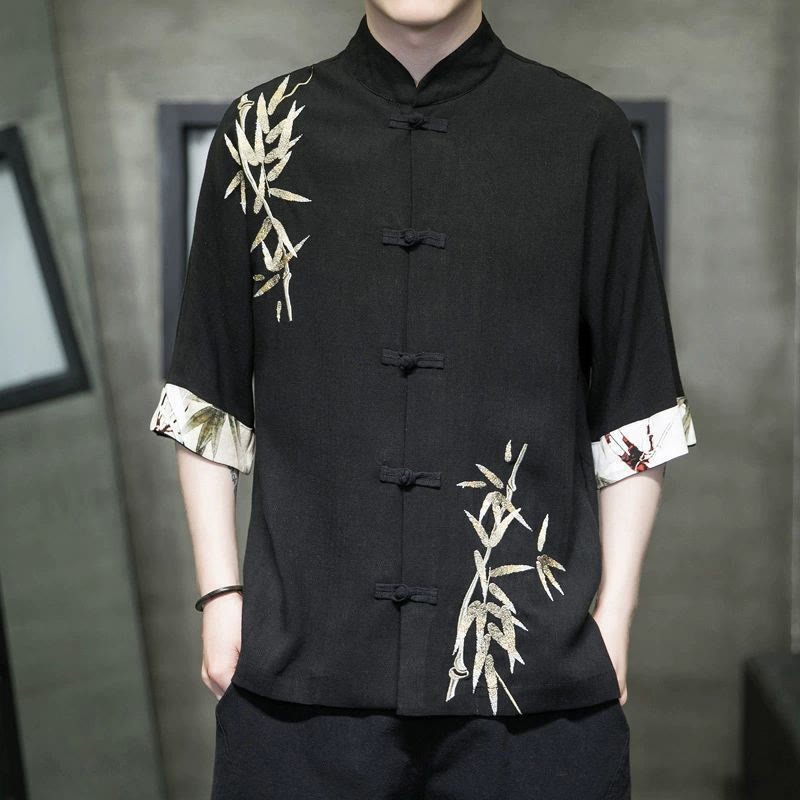 Men's Frog-Button Bamboo Linen Half Sleeve Shirt