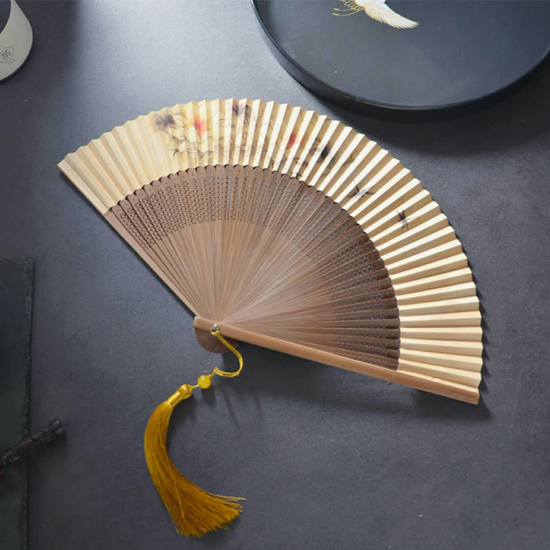 Lotus Dragonfly Peony Butterfly Handheld Paper Bamboo Folding Fan 22.5cm