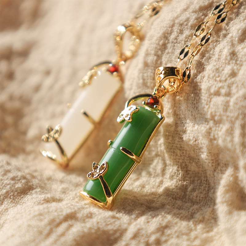 White Jade Cyan Jade Bamboo Luck Protection Necklace Pendant