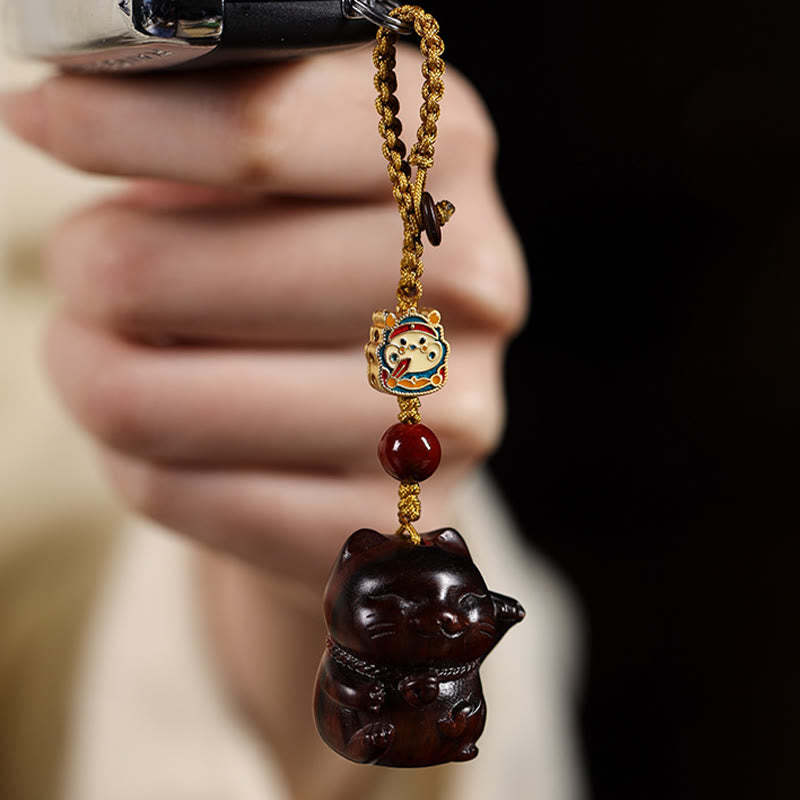 Small Leaf Red Sandalwood Green Sandalwood Sandalwood Lucky Cat Protection Key Chain Phone Hanging Decoration