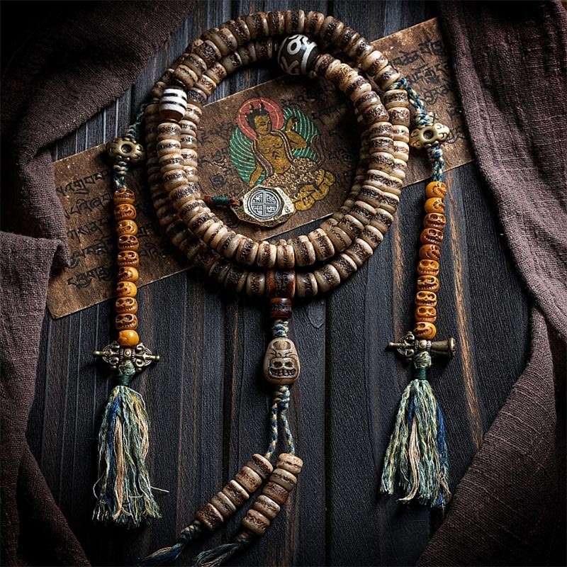 Tibetan 108 Mala Beads Yak Bone Dzi Bead The Lord of the Corpse Forest Strength Bracelet