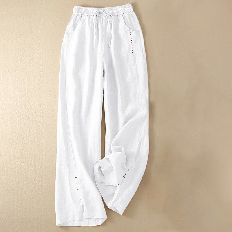 Casual Cotton High Waist Lace-up Slit Wide Leg Pants With Pockets