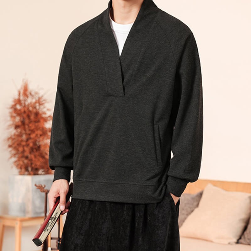 Fall Simple V-Neck Men's Sweatshirt Cotton Pullover With Pockets