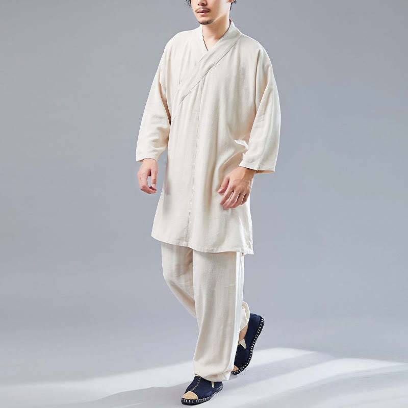 2Pcs V-Neck Men's Long Sleeve Shirt Top Pants Meditation Zen Tai Chi Cotton Linen Clothing Set