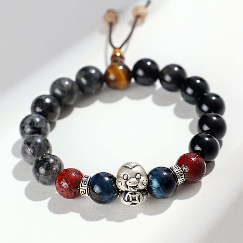 Black Glitter Stone Black Onyx 999 Sterling Silver Fu Character Copper Coin Year Of Snake Protection Bracelet