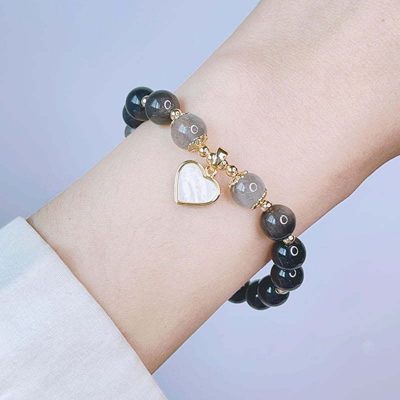 Natural Silver Sheen Obsidian Love Heart Star Flower Protection Bracelet (Extra 30% Off | USE CODE: FS30)