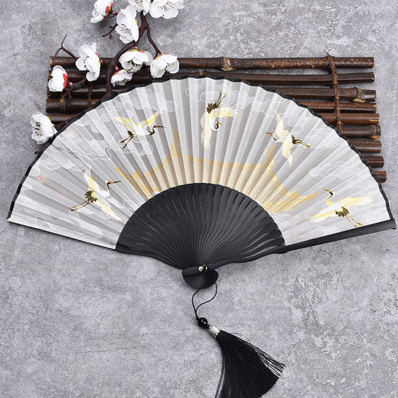 Cranes Auspicious Clouds Solid Color Gradient Handheld Cotton Linen Fabric Bamboo Folding Fan