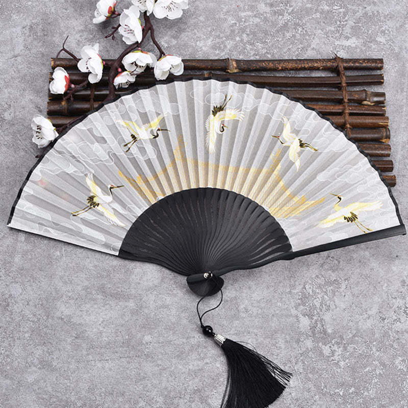 Cranes Auspicious Clouds Solid Color Gradient Handheld Cotton Linen Fabric Bamboo Folding Fan
