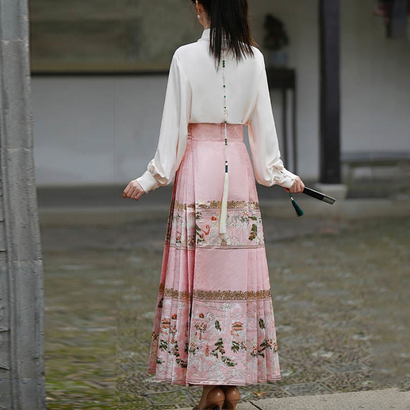 Chinese Hanfu Pink Peach Garden Printed Horse Face Skirt Mamianqun
