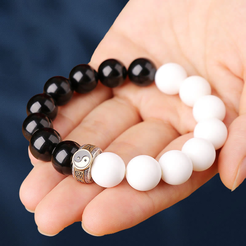 925 Sterling Silver Black Obsidian White Shell Yin Yang Strength Bracelet