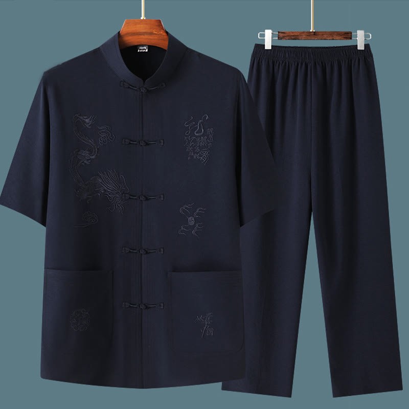 Tang Suit Hanfu Chinese Dragon Traditional Kung Fu Uniform Short Sleeve Tops and Pants Clothing Men's Set