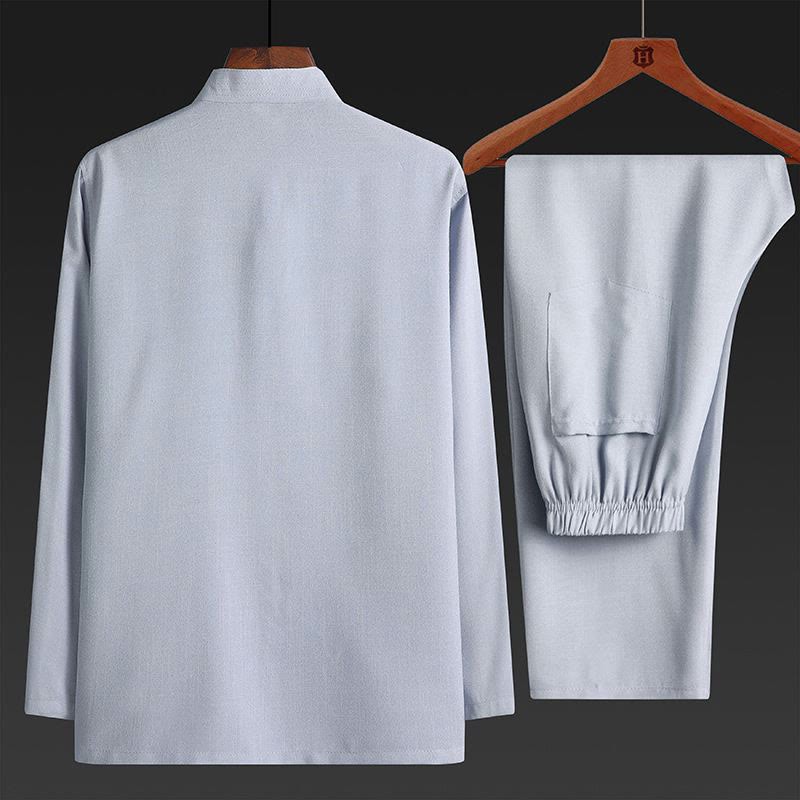 2Pcs Tang Suit Plain Color Frog-Button Men's Long Sleeve Shirt Pants Set