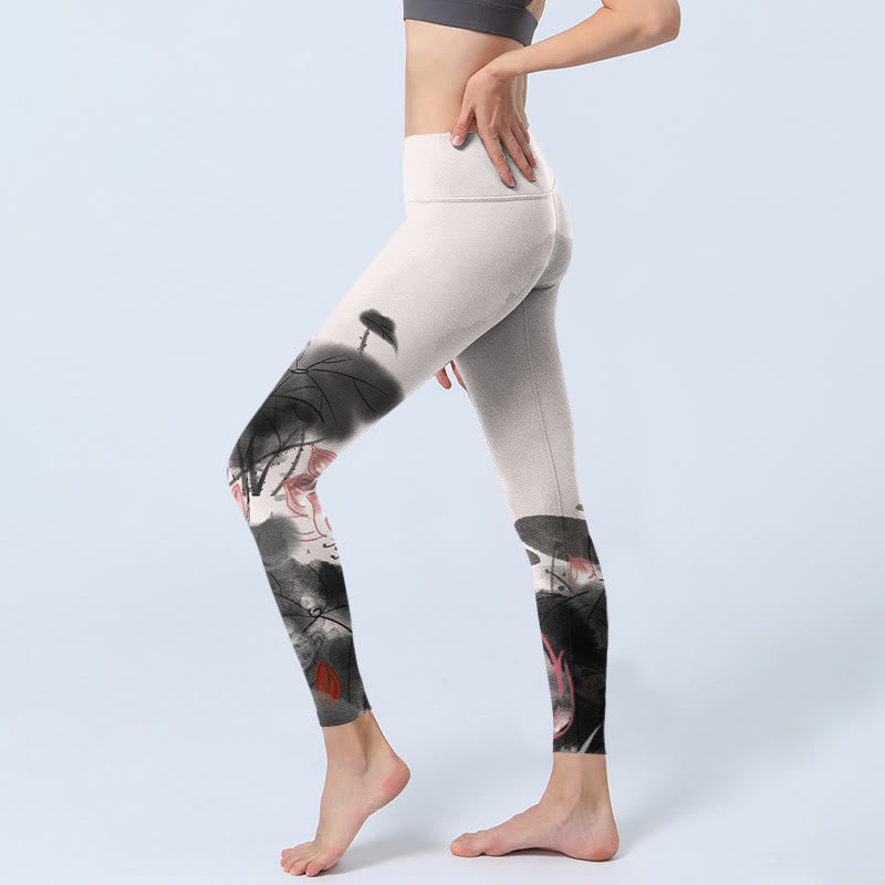 Ink Painting Lotus Flower Leaf Print Gym Fitness Leggings Women's Yoga Pants