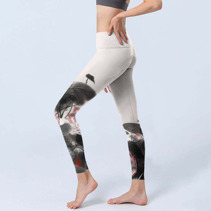 Ink Painting Lotus Flower Leaf Print Gym Fitness Leggings Women's Yoga Pants
