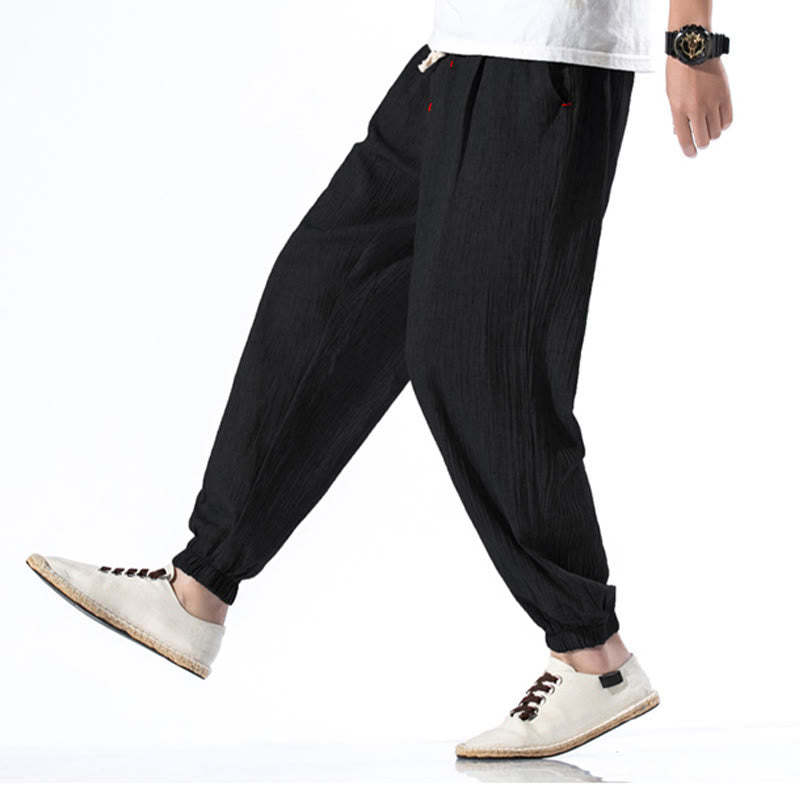 Casual Solid Color Drawstring Linen Men's Pants With Pockets