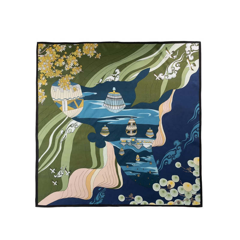 Jungle Oil Painting Auspicious Clouds 100% Mulberry Silk Scarf Premium Grade 6A Double-sided Silk Neck Scarf