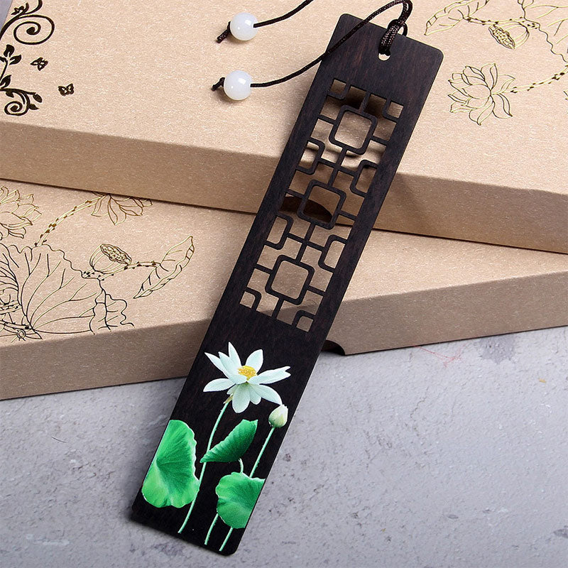 Green Lotus Bamboo Oriole Ebony Wood Bookmarks With Gift Box