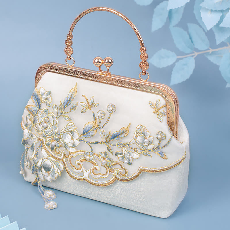Jasmine Flowers Embroidery Pearl Chain Crossbody Bag Handbags