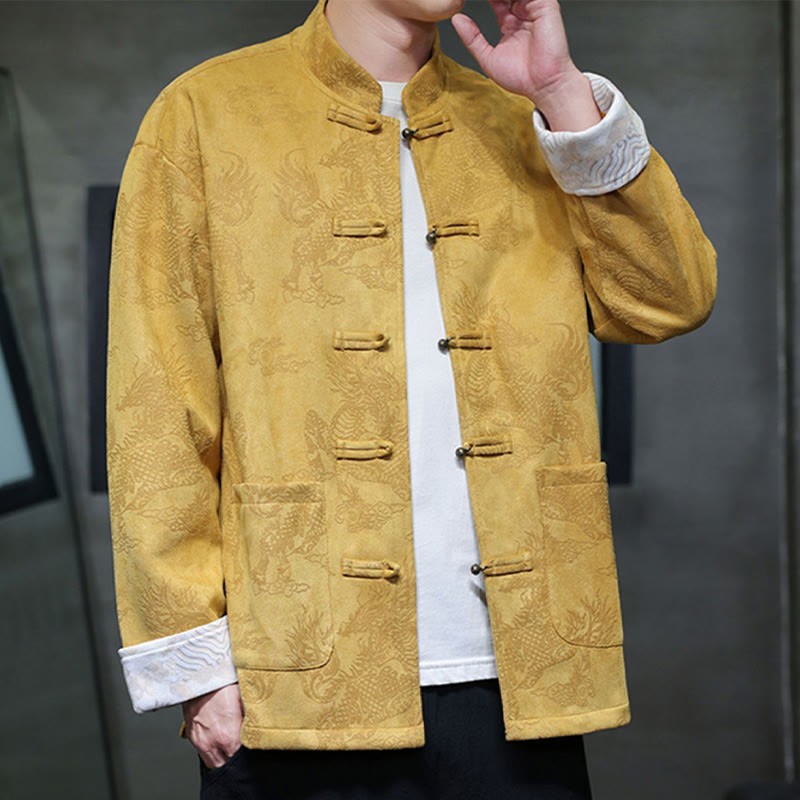 Chinese New Year Kirin Print Frog-button Tang Suit Men's Jacket Shirt With Pockets