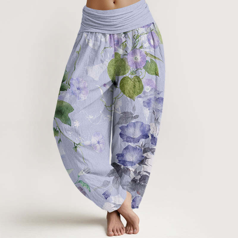 Entwined Morning Glories Pattern Women's Elastic Waist Harem Pants