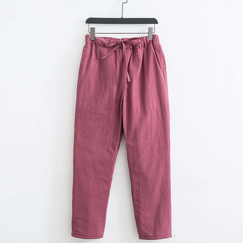 Winter Solid Men's Drawstring Cotton Fleece Lined Pants With Pockets