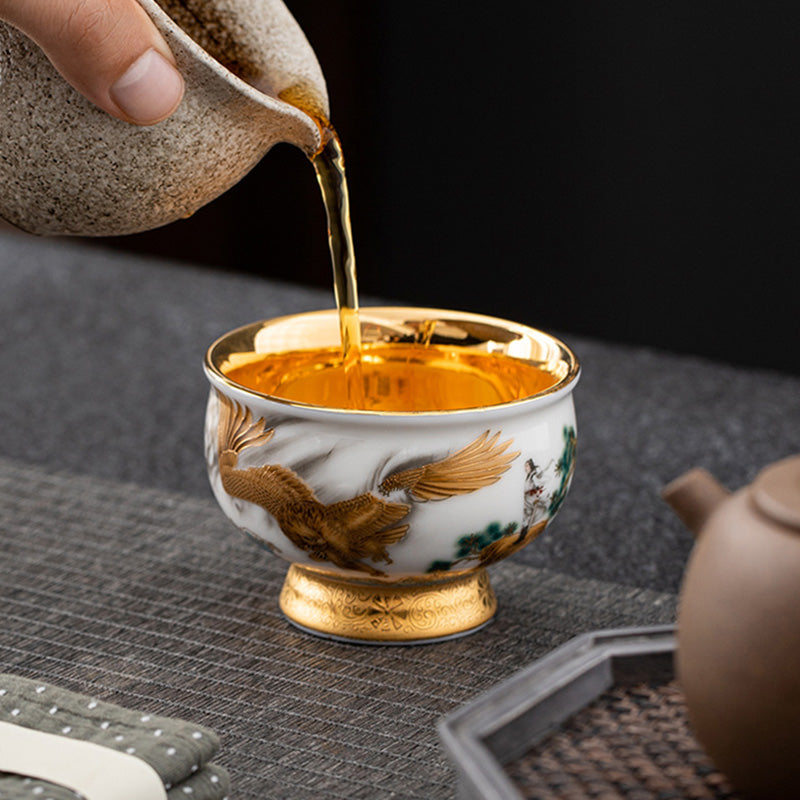 Golden Eagle Auspicious Dragon Sun Ocean Waves Gilt Ceramic Teacup Kung Fu Tea Cup