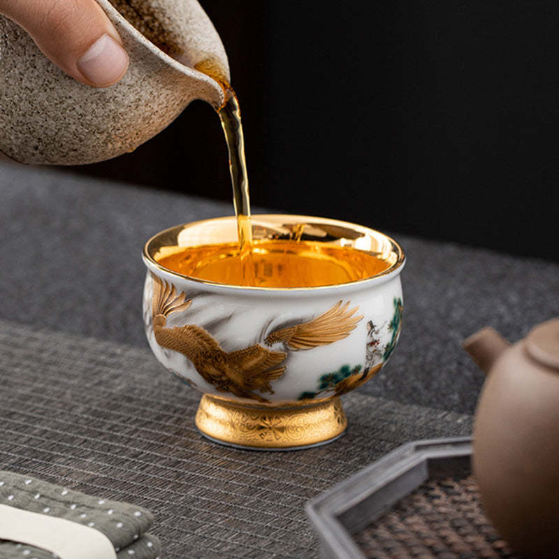 Golden Eagle Auspicious Dragon Sun Ocean Waves Gilt Ceramic Teacup Kung Fu Tea Cup