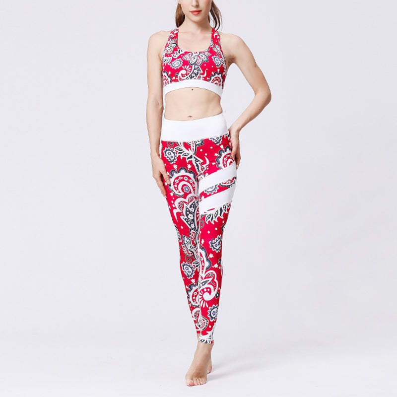 2Pcs Sunflower Flowers Leaves Print Top Pants Sports Fitness Yoga Women's Yoga Sets
