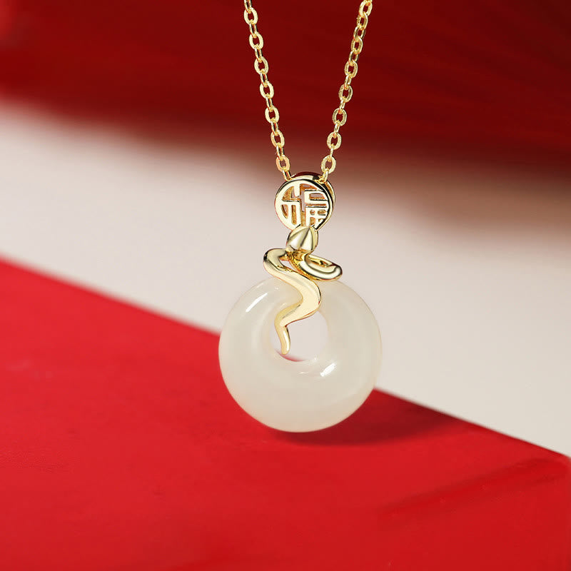 925 Sterling Silver Hetian Jade Year Of The Snake Peace Buckle Fu Character Blessing Necklace Pendant