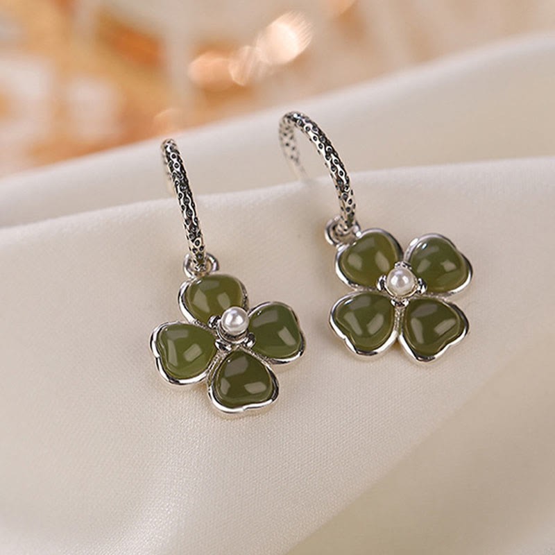 925 Sterling Silver Natural Cyan Jade Four Leaf Clover Luck Success Earrings