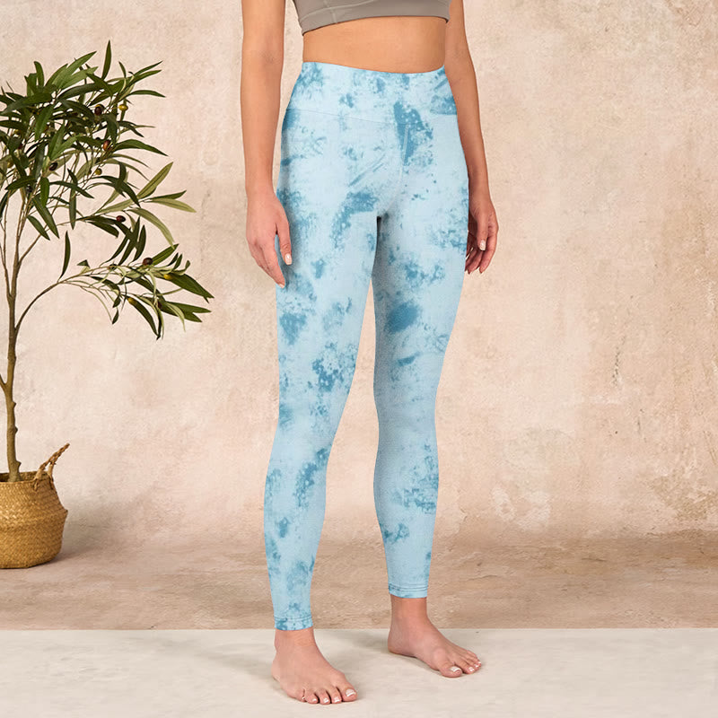 Light Blue Tie-dye Print Gym Fitness Leggings Women's Yoga Pants
