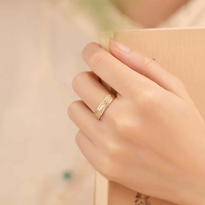 mystic zen Stone 999 Sterling Silver Gold-Painted Joyful Flower Pattern Peaceful Heart Sutra Ring