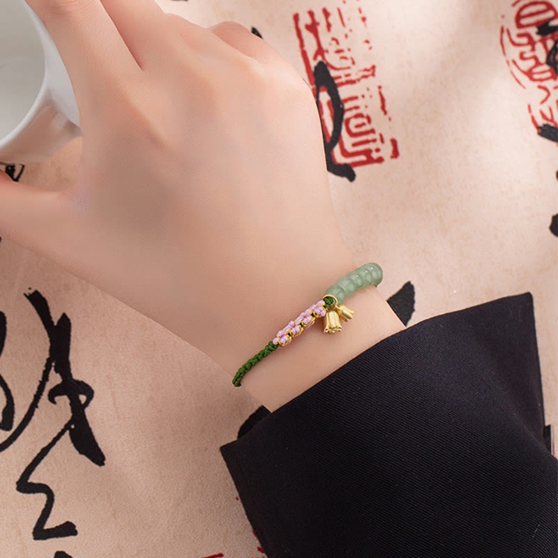 Handmade Jade Bead Lily of the Valley Charm Luck Braided Bracelet