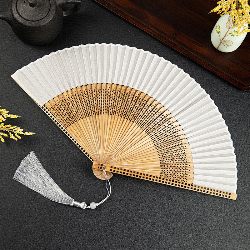 Cranes Auspicious Clouds Solid Color Gradient Handheld Cotton Linen Fabric Bamboo Folding Fan