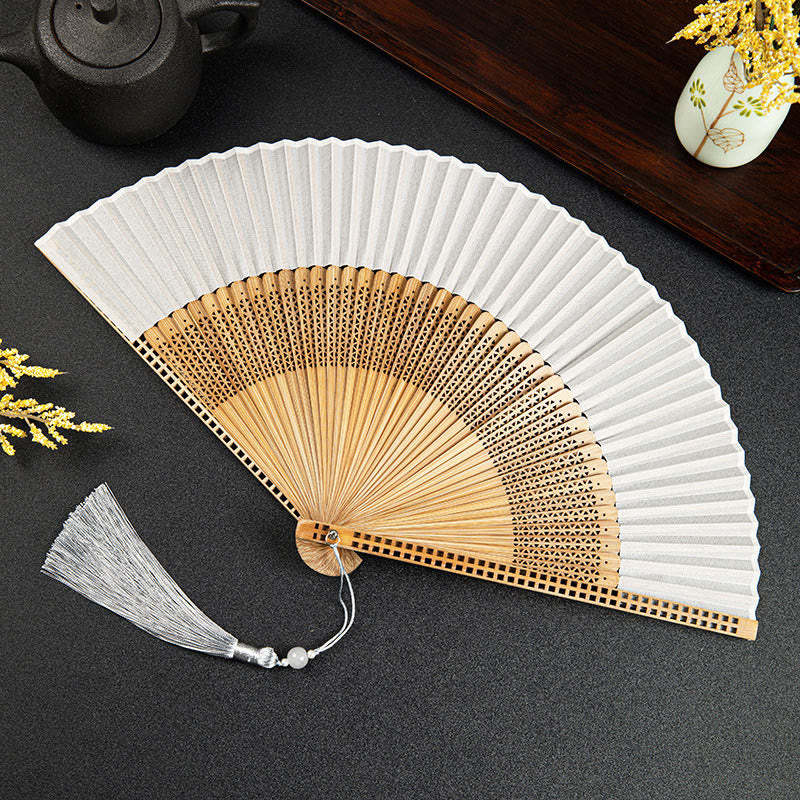 Cranes Auspicious Clouds Solid Color Gradient Handheld Cotton Linen Fabric Bamboo Folding Fan