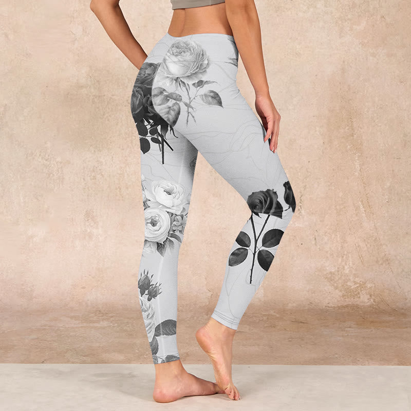 Black White Rose Gym Leggings Women's Yoga Pants