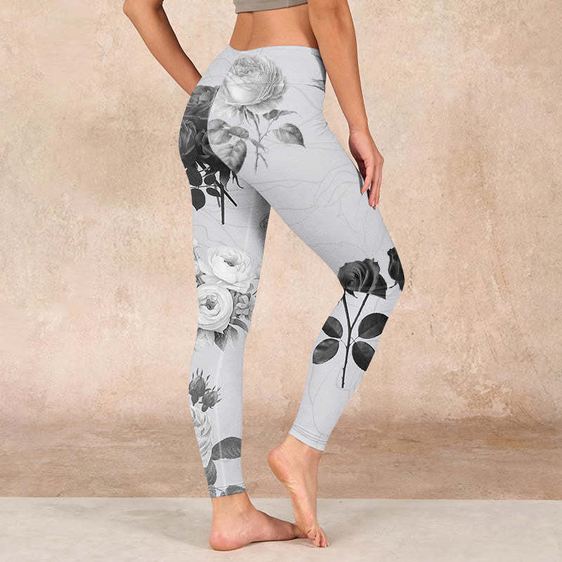 Black White Rose Gym Leggings Women's Yoga Pants
