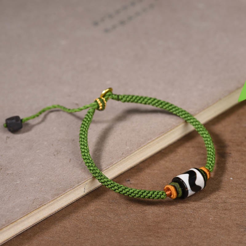 Handmade Tibetan Dzi Bead Protection Braided Green Rope Bracelet