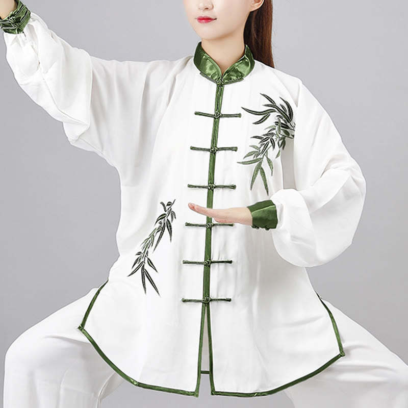 2Pcs Fall Green Bamboo Leaves Embroidery Frog-Button Tai Chi Meditation Qigong Zen Practice Unisex Cotton Clothing Set