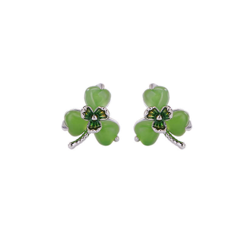 925 Sterling Silver Enamel Hetian Jade Shamrock Luck Earrings