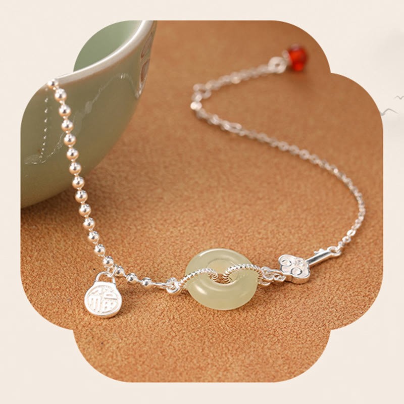 925 Sterling Silver Hetian Jade Peace Buckle Fu Character Luck Chain Bracelet