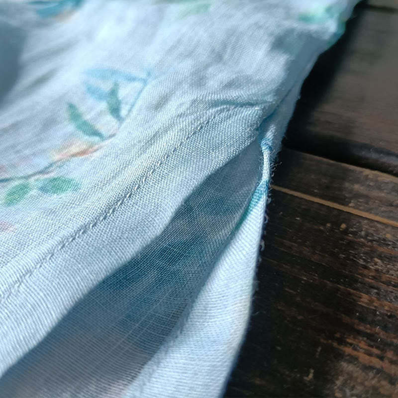 Light Green Pink Flowers Green Leaves Frog-Button Long Sleeve Ramie Linen Jacket Shirt